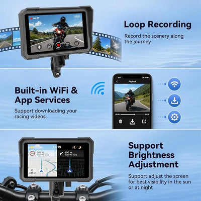 5" Motorcycle Carplay Screen with Dual Dash Cam – Wireless Apple Carplay & Android Auto, 1080P Front & Rear HD Camera, Bluetooth, IP67 Waterproof, Voice Control (Siri/Google)