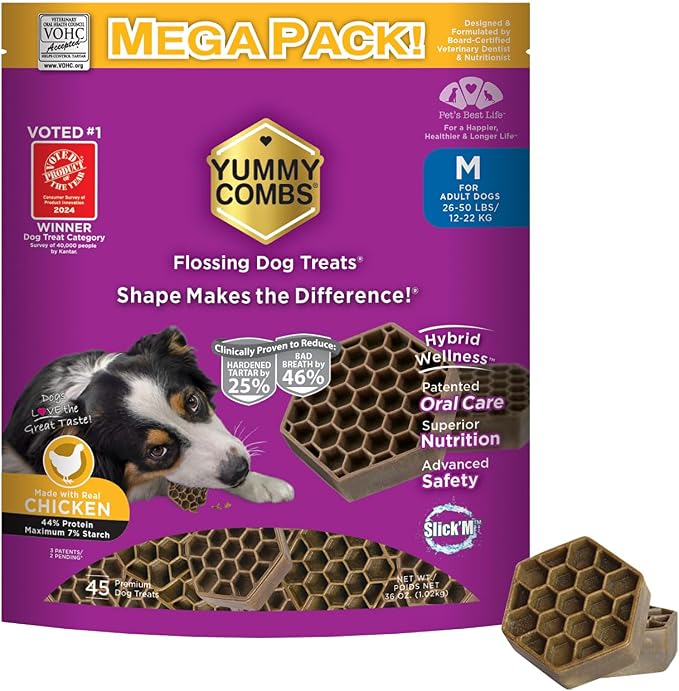 Yummy Combs Dog Dental Treats – Vet VOHC Approved – Delicious Chicken Protein – Removes Tartar with Cleaning Comb Shape – Dental Dog Treats for Medium Dogs (36oz, 45 Count)