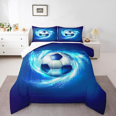 Erosebridal Football Comforter Set, Kids Soccer Pattern Bedding Set Sports Games Theme Duvet Set Twin Size for Boys Teens Youth, Geometric Honeycomb Hexagon Bedding Comforters for Bedroom, Blue