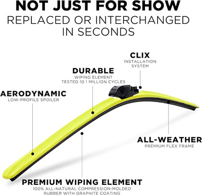 Clix Wipers - 28" Yellow Automotive Replacement Wiper Blade (Pack of 1) Universal Clip On All-Weather Flex Frame Windshield Wiper