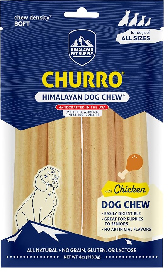 Himalayan Dog Chew Churro Yak Cheese Dog Chews, 100% Natural, Long Lasting, Gluten Free, Healthy & Safe Dog Treats, Lactose & Grain Free, Protein Rich, For All Breeds, Soft, Chicken Flavor, 4 Pack