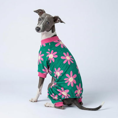 Fitwarm Flower Fleece Dog Pajamas, Warm Winter Dog Clothes for Small Dogs Girl, Cozy Pet Onesie with Feet, Dark Green, XXL