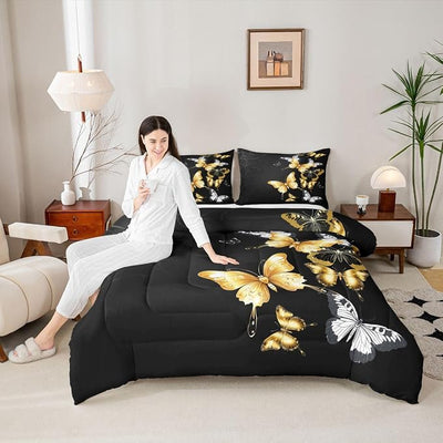 Erosebridal Butterfly Quilted Duvet Full Size for Girls Boys Women, Black and Gold Comforter Set Silver Gold Bedding Set, Soft Luxury Microfiber Duvet Insert, 1 Comforter + 2 Pillow Cases