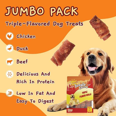 Jungle Calling 21oz Triple Flavor Rolls Dog Treats, Rawhide Free Chews Made with Real Chicken Duck & Beef, High Protein Healthy Jerky Snacks for Medium Large Dogs, Easily Digestible Training Treat
