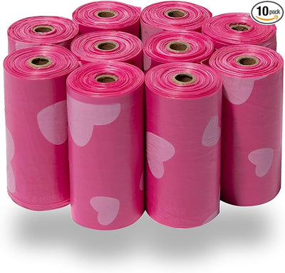 Best Pet Supplies Dog Poop Bags for Waste Refuse Cleanup, Doggy Roll Replacements for Outdoor Puppy Walking and Travel, Leak Proof and Tear Resistant, Thick Plastic - Pink Heart, 150 Bags