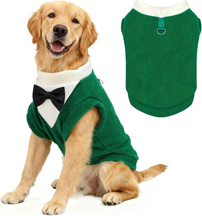 Cute Dog Fleece Sweater with D-Ring, Fall Winter Dog Clothes Tuxedo Costume with Bowtie, Soft Puppy Sweatshirt Golden Retriever Apparel Doberman Outfits for Small Medium Large Dogs(Green,7XL)