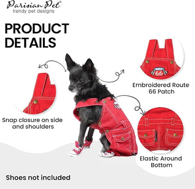 Parisian Pet Red Dog Overalls - Route 66 Denim Dog Clothes - Breathable Sling Puppy Jumpsuit - Durable and Trendy Overalls for Dogs - Comfortable Jeans Dog Clothes for Small Dogs - Classy Pet Apparel