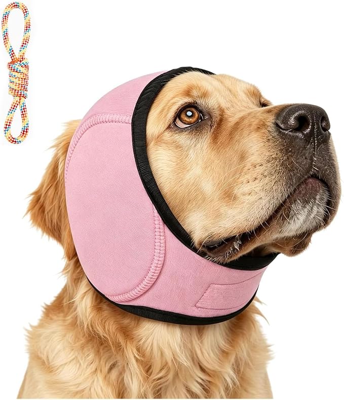 Zenpup Noise Cancelling Ear Wrap, Dog Ear Muffs Noise Protection Firework Thunder Vacuum, Elastic Dog Ear Wrap with Sound-Blocking Rubber Pads, No Shake, Adjustable (Pink, Large)