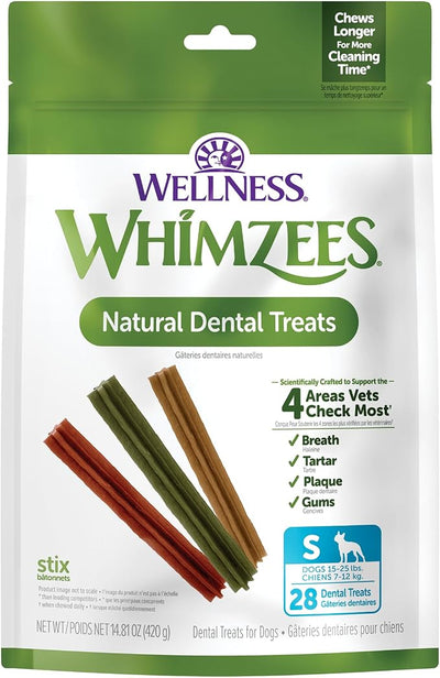 Whimzees Wellness Stix Natural Dog Dental Treat, Chews, Freshens Breath, Small Size Sticks, 14.81 oz Bag, 28 Count