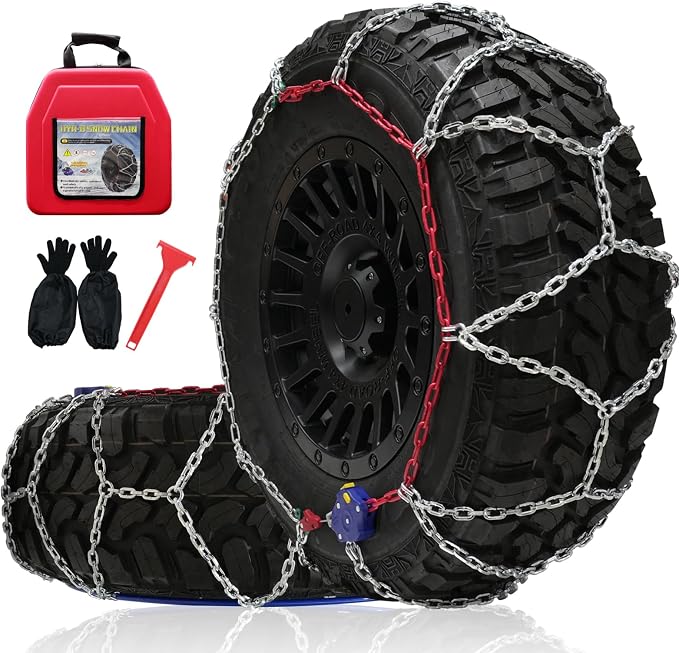 Snow Chains for Pickup Trucks, 2 Piece x 12mm, 1 Minute Quick Installation Tire Chains with Automatic Tensioner, Heavy-Duty Emergency Tire Traction Chain for Pickup Trucks and Off-Road SUVs (HYR-S)
