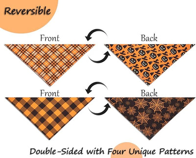 Fall Dog Bandanas 2PCS Halloween Pumpkin Spider Web Large Dogs | 2PCS reversible dog bandanas for fall & Halloween & Thanksgiving.Orange plaid/pumpkin/Spider Web design.Fits medium-large dog
