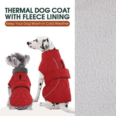 Kuoser Dog Winter Coat Waterproof Dog Snow Jacket, Warm Fleece Lined Pet Turtleneck Snowsuit Puppy Cold Weather Coats with Harness Hole, Adjustable Winter Vest for Medium Large Dogs, Red, L