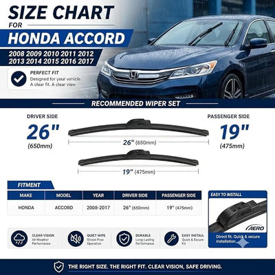 AERO Wipers OEM Replacement for Honda Accord 2008-2017, 26"+19" Front, All-Season Windshield Wiper Blades with Extra Squeegee Refills + 1-Year Warranty (Set of 2)