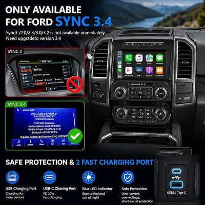 Wireless CarPlay Android Auto USB Hub for Ford Sync 3, Ice Blue | USB 3.1 Type-C, 30W PD Fast Charging，Wireless CarPlay and Android Auto USB Hub