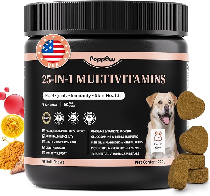 25-in-1 Dog Multivitamin Chews – All-in-One Daily Vitamins & Supplements for Dogs, Joint Support with Glucosamine MSM, Omega-3 Skin & Coat, Gut, Heart & Brain, All Breeds & Ages, Chicken, 90 Ct