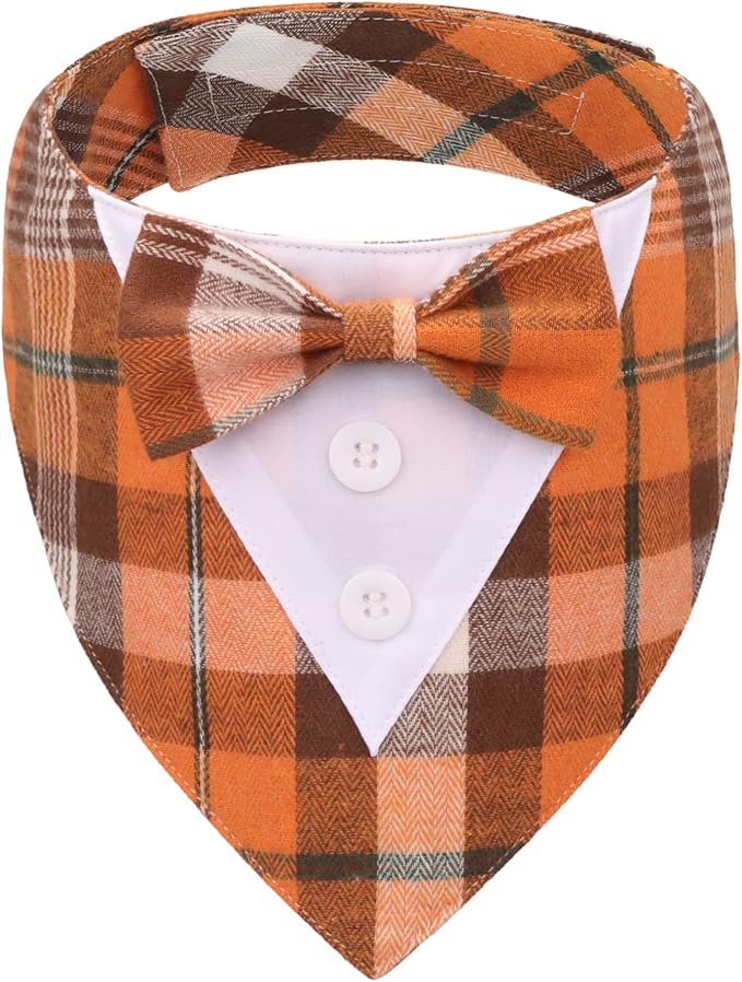 Fall Dog Tuxedo Bandana, Orange Plaid Pet Tux Collar with Bowtie, Adjustable Halloween Thanksgiving Formal Costume for Medium Dogs Pets (M)