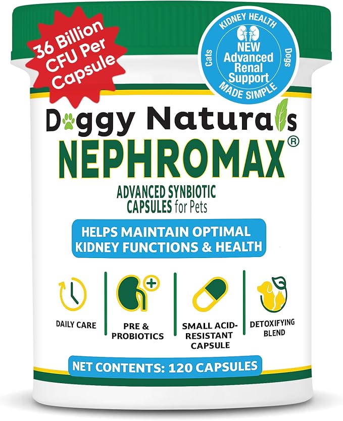 NEPHROMAX™ Synbiotic Capsules for Kidney Support for Dogs & Cats - 36 Billion CFU-Advanced Next-Generation Enteric detoxifying Blend of Pre & Probiotics Kidney Support U.S.A (120 Small Capsules)