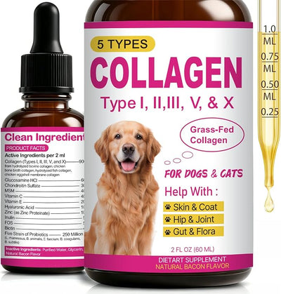 Premium Liquid Collagen for Dogs & Cats - 5 Types of Grass-Fed Collagen (I, II, III, V & X) - Supports Skin, Coat, Hips & Joints | Allergy and Itch Relief | Biotin, Vitamin C and Hyaluronic Acid