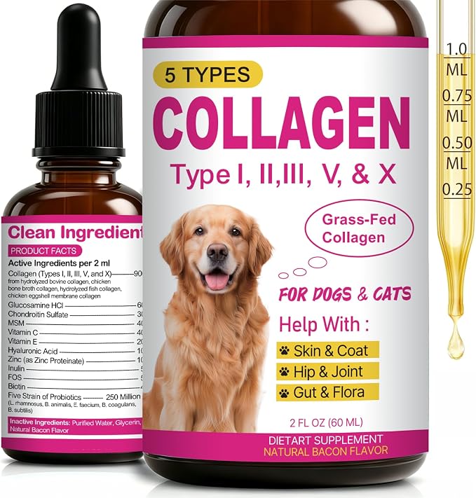 Premium Liquid Collagen for Dogs & Cats - 5 Types of Grass-Fed Collagen (I, II, III, V & X) - Supports Skin, Coat, Hips & Joints | Allergy and Itch Relief | Biotin, Vitamin C and Hyaluronic Acid