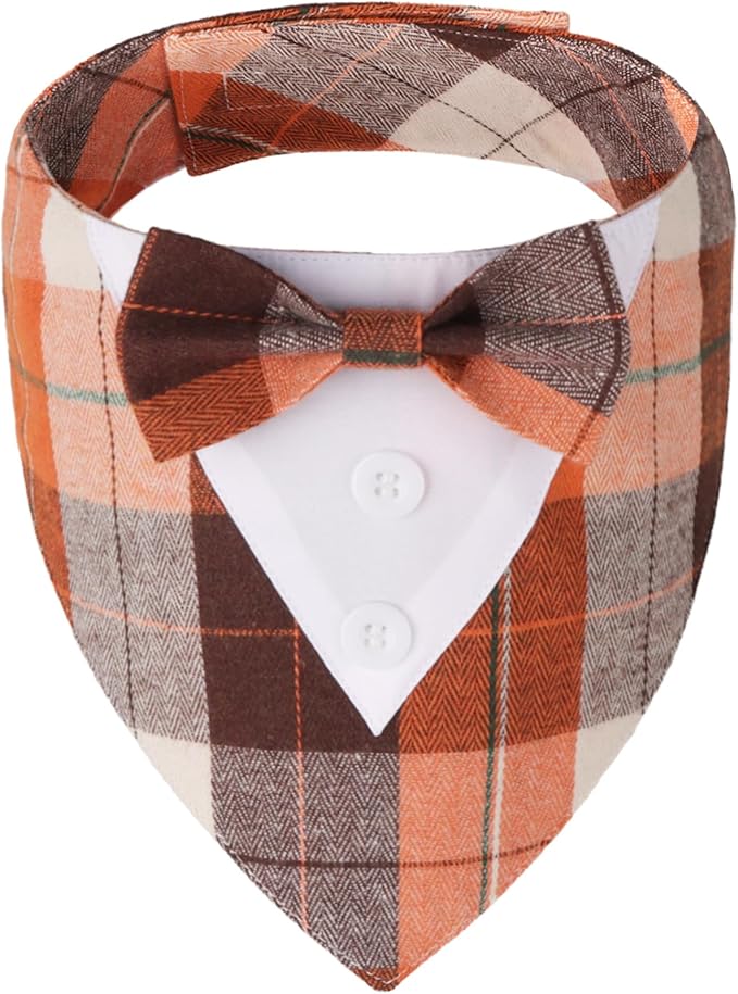 Fall Dog Tuxedo Bandana, Orange Plaid Pet Fall Collar with Bowtie, Adjustable Halloween Thanksgiving Costume for Small Dogs (S)