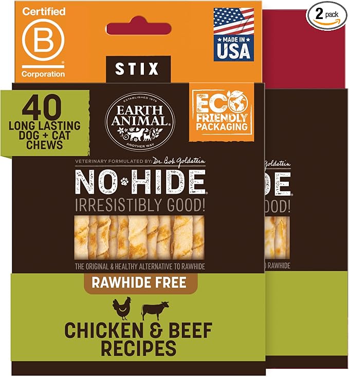 No Hide Stix - Long Lasting Rawhide Free Small Dog Chews Sticks, Chicken & Beef Variety Bundle - 40 Count Value Pack