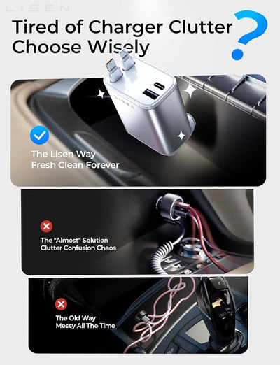 LISEN Retractable Car Charger for iPhone, for iPhone 17 Pro Max 16 15 14 13 12 Plus Mini, Cute 4 in 1 Retractable USB C Car Charger Fast Chareg for Women Men, 84W Fast Charging Car Accessorie | Multiple Ports Car Charger, Retractable Car Charger Fast C...