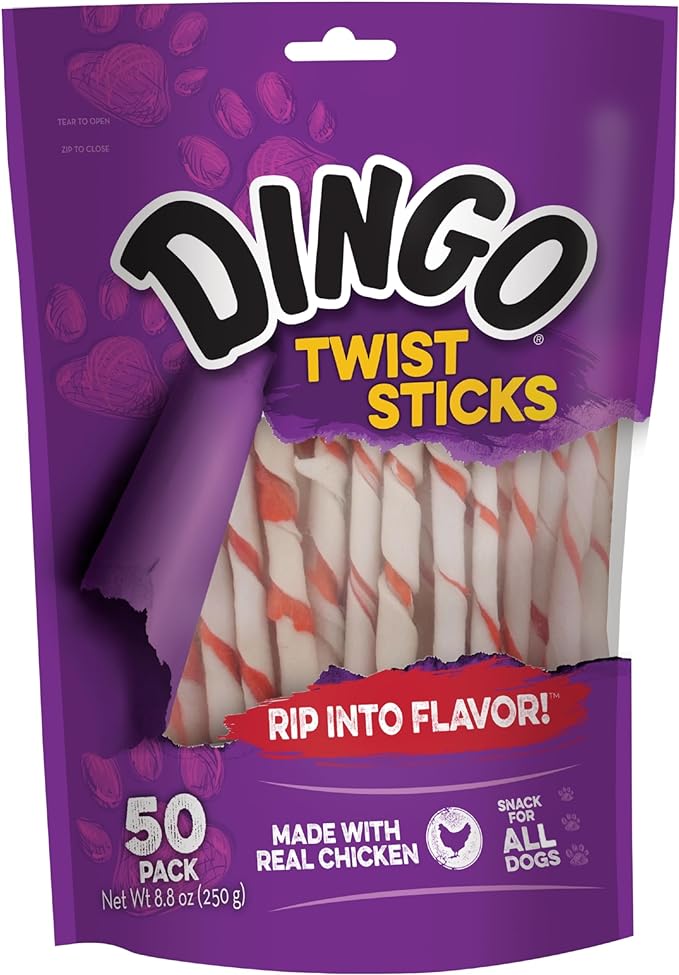 Dingo Twist Sticks Premium Rawhide Treats For Dogs Made with Real Chicken, 50 Count