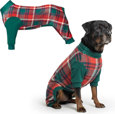 Spark Paws Dog Christmas Pajama, Dog Recovery Suit Male, Onesie, Ultra-Soft and 4-Way Stretch, for Small Medium and Large Breeds - Green and Red Plaid - 5XL