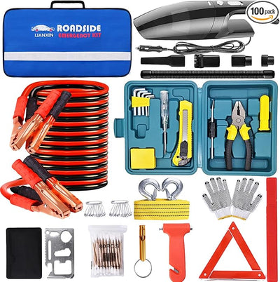 Emergency Roadside Kit with Jumper Cables Kit for Car, Safety Car Kits | Car Emergency Kit High Power Handheld Vacuum, Warning Triangle, Safety Hammer, Tow Rope, Gifts for New Drivers