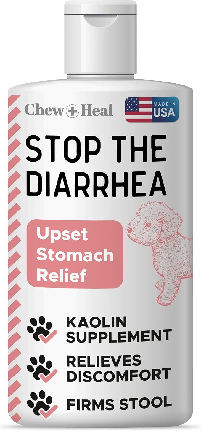 Dog Diarrhea Medication - Fast Acting Anti Diarrhea Liquid for Dogs, Kaolin Pectin Formula, Firms Stool & Upset Stomach Relief, All Breed Sizes, Made in USA, 2oz - Chew + Heal Labs