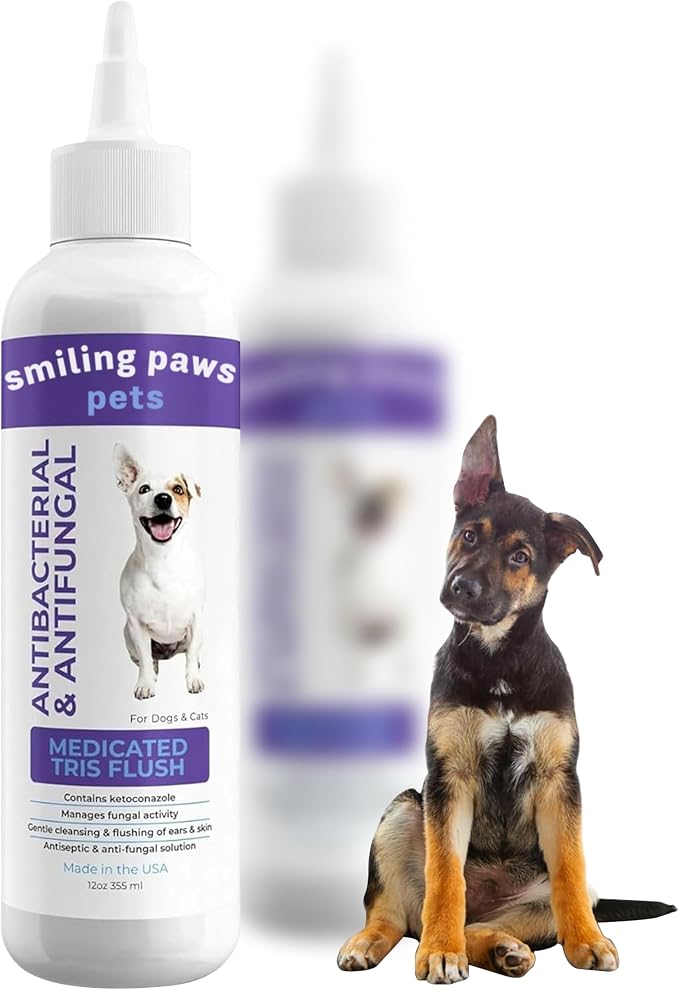Medicated Tris Flush Dog Ear Cleaner Solution and Infection Treatment for Dogs and Cats Ear Flush for Dogs Ear Cleaner for Dogs & Cats - Cat & Dog Ear Wash Contains Ketoconazole 12oz