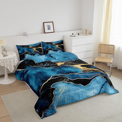 Erosebridal Marble Comforter Set Queen, 3-Pieces Blue Marble Bedding Set for Kids Boys Teens Adult Bedroom, Abstract Artwork Watercolor Quilted Duvet Tie Dye Ultra Soft Duvet Sets with 2 Pillow Cases