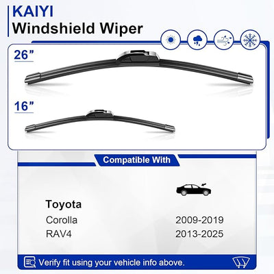 KAIYI 26" + 16" Windshield Wipers Compatible with Toyota Corolla 2009-2019,Toyota RAV4 2013-2023 Premium Automotive Replacement Windshield Wiper Blades 2 Pack