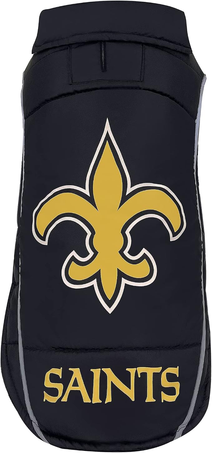 NFL New Orleans Saints Puffer Vest for Dogs & Cats, Size Medium. Warm, Cozy, and Waterproof Dog Coat, for Small and Large Dogs/Cats. Best NFL Licensed PET Warming Sports Jacket