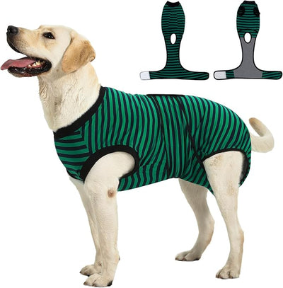 Recovery Suit for Dogs Cats After Surgery, E-Collar & Cone Alternative Surgical Suit, Prevent Licking Dog Onesies Pet Surgery Recovery Suit Soft Dog Bodysuit, Green Navy Stripes, XL