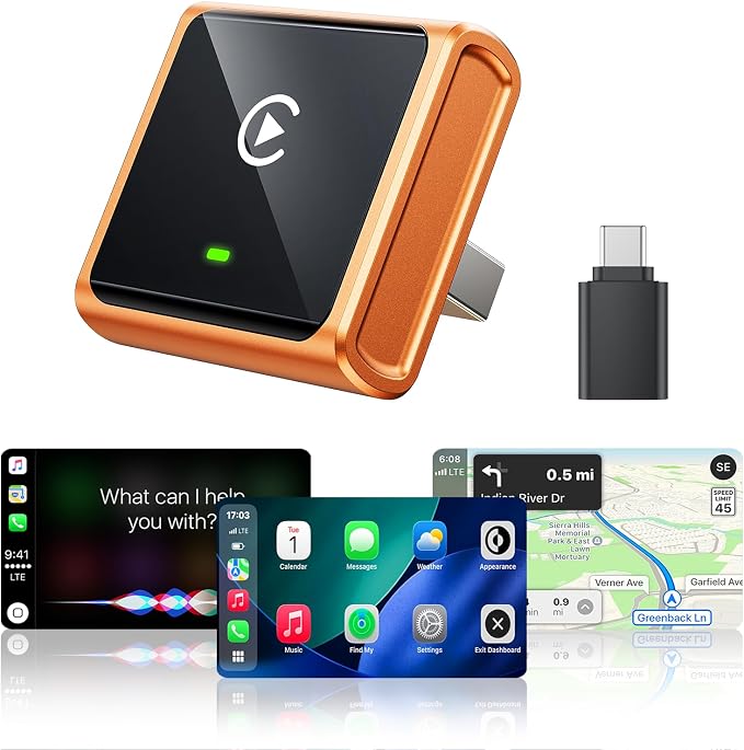 Mini Wireless CarPlay Adapter for iPhone Apple, USB-A/C Plug & Play | Go Wireless with Factory Wired Apple CarPlay, Fast Auto Connect, Low Latency, Compatible with iOS 10+ & 2015+ Cars, Orange