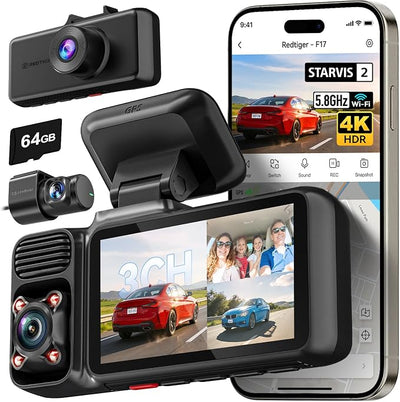 REDTIGER F17 4K 3 Channel Dash Cam, STARVIS 2 IMX675 HDR, 2160P+1080P+1080P Front Inside and Rear Triple Car Camera with 64GB Card, 5.8GHz WiFi GPS, IR Night Vision, G Sensor, WDR, Parking Mode