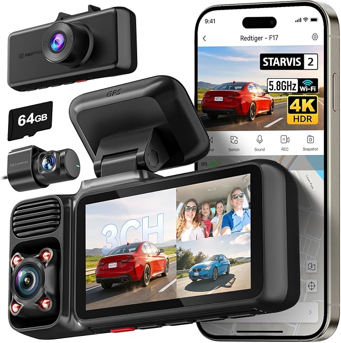 F17 4K 3 Channel Dash Cam, STARVIS 2 IMX675 HDR, 2160P+1080P+1080P Front Inside and Rear Triple Car Camera with 64GB Card, 5.8GHz WiFi GPS, IR Night Vision, G Sensor, WDR, Parking Mode