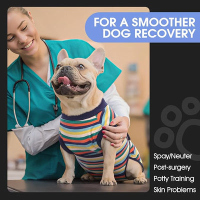 FUAMEY Recovery Suit for Dogs After Surgery,Soft Breathable Dog Bodysuit E-Collar & Cone Alternative Surgical Suit,Male Female Dog Neuter Spay Suits Anti Licking Wounds Onesie Dark Blue Stripes XS