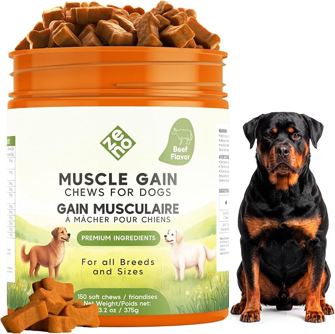ZENO 11-in-1 Muscle Gain Chews - Weight Gain Supplements for Dogs with High Protein & Amino Acids - Premium Muscle Builder for Bully & All Breeds - Healthy for Puppies - 150 Chews - Beef