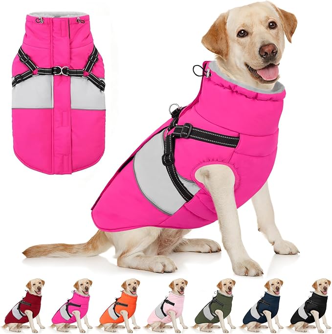 Dog Winter Coat, Dog Coat with Harness Built in, Dogs Jacket for Large Dogs, Reflective Waterproof Pet Puffer Jacket Snowsuit, Warm Fleece Windproof Pet Sweater for Cold Weather, XL
