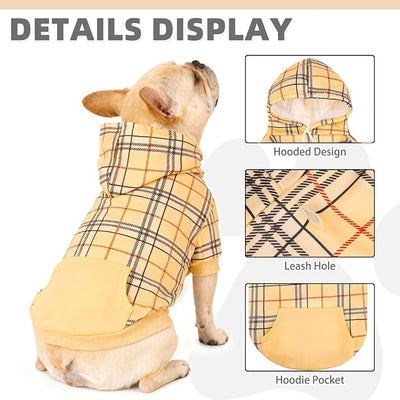 KOOLTAIL Plaid Dog Hoodie for Small Medium Large Dogs,Pet Clothes Sweater with Hat and Pocket for Cold Weather Winter, Soft&Warm Doggy Hooded Sweatshirt Coat Outfit for Puppy Cats Girls Boys Khaki SM
