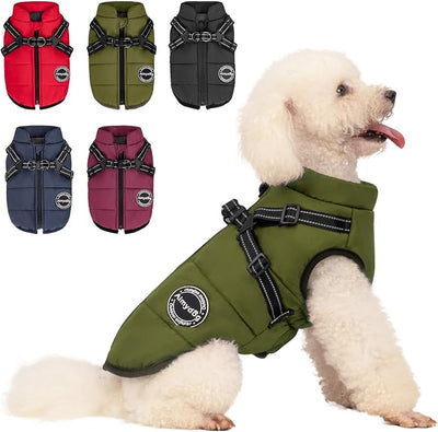 Warm Dog Winter Coat, Fashion Sports Cold Weather Jacket with Built-in Harness, Reflective & Adjustable Comfortable Pet Vest, Windproof Apparel for Small Medium Large Dogs (Green)