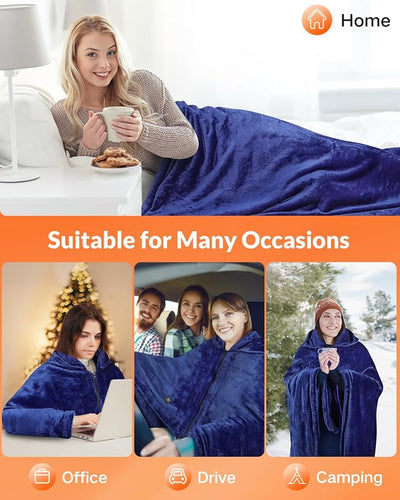 Girasol Cordless Wearable Heated Blanket, 10000mah Heated Blanket Battery Operated with Hood, USB Heating Throw Shawls Portable Electric Blanket with 3 Heating Levels for Home Office Outdoor(Navy)