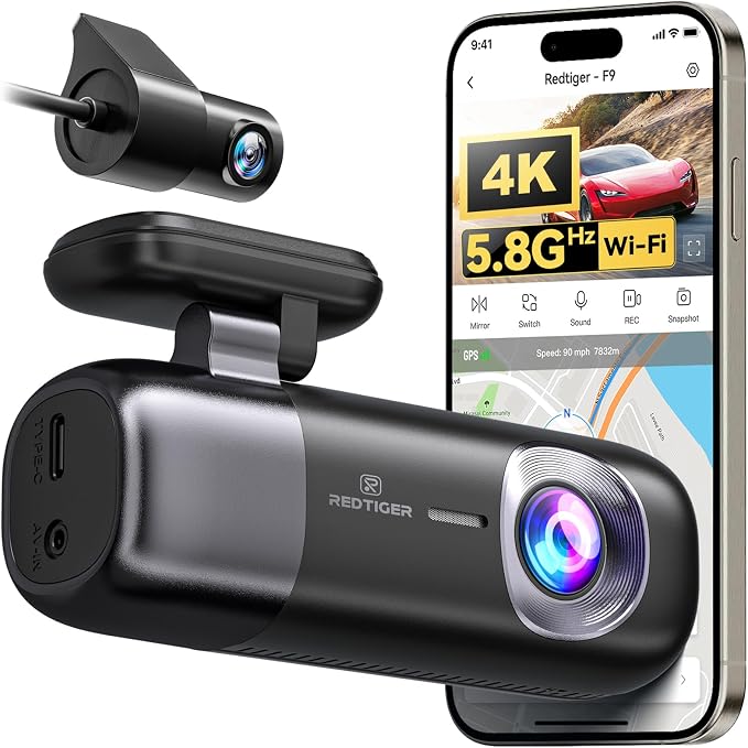 F9 4K Dash Cam Front and Rear 1080P, 5.8GHz WiFi & Smart App Control Car Camera, 2160P/FHD Wireless Dashcam for Cars with Precise GPS, WDR Night Vision, Loop Recording, 24H Parking Mode