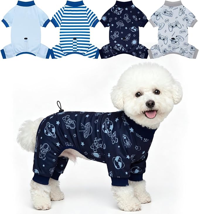 4 Pack Dog Pajamas, Soft Puppy Clothes with Drawstring Adjustable Stretchy Dogs Onesie for Small Medium Doggie Shed Defender Dog Suit Pet Outfit Boy, L