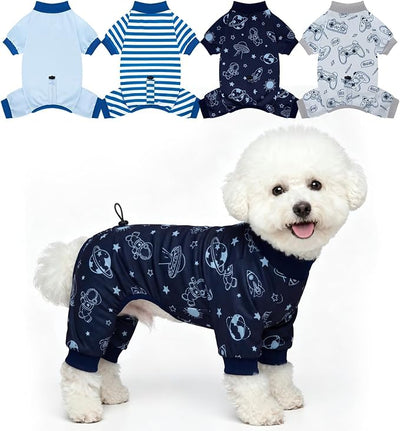 XPUDAC 4 Pack Dog Pajamas, Soft Puppy Clothes with Drawstring Adjustable Stretchy Dogs Onesie for Small Medium Doggie Shed Defender Dog Suit Pet Outfit Boy, M