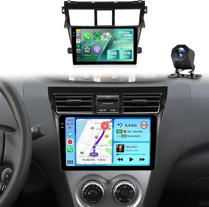 4G+64G Android 15 Car Stereo for Toyota Yaris 2007-2014 with Wireless Carplay Android Auto, 9'' in-Cell Screen Head Unit with GPS/Bluetooth 5.0/FM RDS/EQ/5G-WiFi Mirror Link Backup Camera SWC
