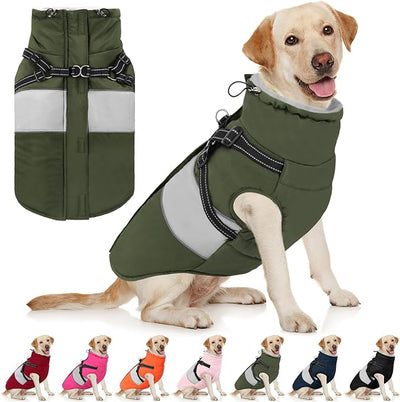 AOFITEE Dog Winter Coat, Dog Coat with Harness Built in, Dogs Jacket for Large Dogs, Reflective Waterproof Pet Puffer Jacket Snowsuit, Warm Fleece Windproof Pet Sweater for Cold Weather, XL