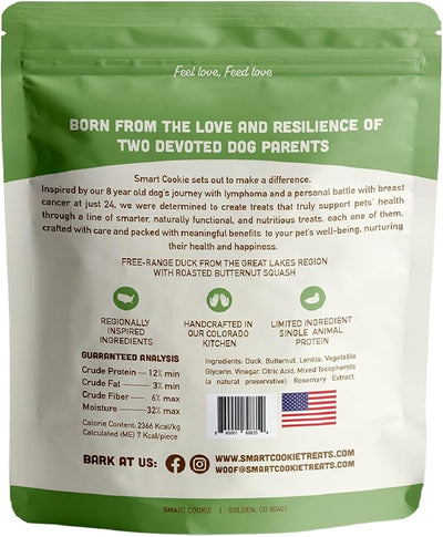 Smart Cookie All Natural Soft Dog Treats - Duck & Squash - Training Treats for Dogs with Allergies or Sensitive Stomachs - Grain Free Dog Treats, Chewy, Human-Grade, Made in USA - 5oz Bag, 12 Pack